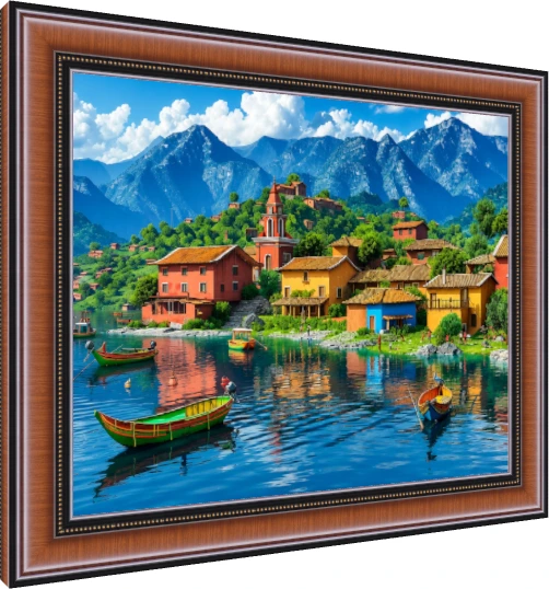 3D digital illustration of a vibrant Latin American lakeside village with colorful houses, boats, and blue mountains. — photo frame preview | PrintPosters.in