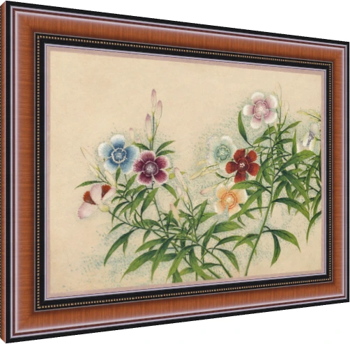 Vintage botanical watercolor painting of Dianthus flowers in soft blue, red, peach, and pink on beige paper. — photo frame preview | PrintPosters.in