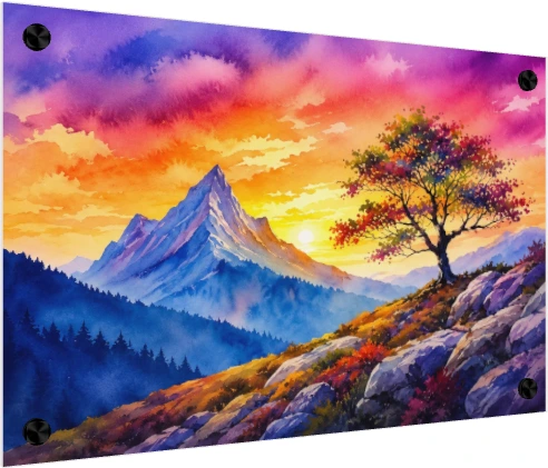 Vibrant watercolor painting of a majestic snow-capped mountain under a colorful pink and orange sunset sky. — acrylic preview | PrintPosters.in