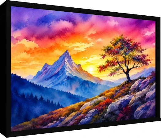 Vibrant watercolor painting of a majestic snow-capped mountain under a colorful pink and orange sunset sky. — floater frame preview | PrintPosters.in