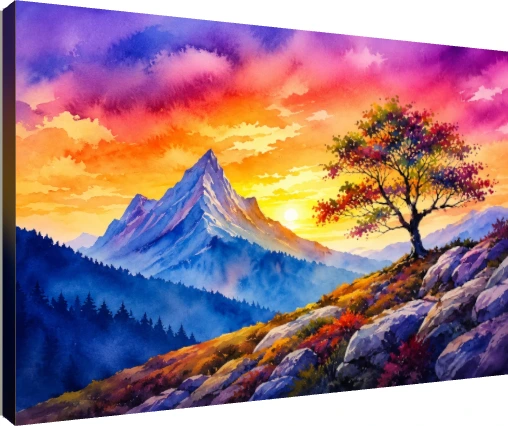 Vibrant watercolor painting of a majestic snow-capped mountain under a colorful pink and orange sunset sky. | PrintPosters.in