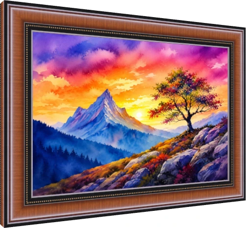 Vibrant watercolor painting of a majestic snow-capped mountain under a colorful pink and orange sunset sky. — photo frame preview | PrintPosters.in