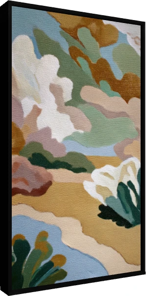 Abstract artwork featuring contoured organic shapes in sage green, terracotta, mustard ochre, dusty pink, and sky blue. — floater frame preview | PrintPosters.in