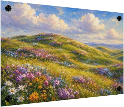 Impasto oil style painting of sun-drenched green rolling hills blanketed in colorful wildflowers under a blue sky. — acrylic preview | PrintPosters.in
