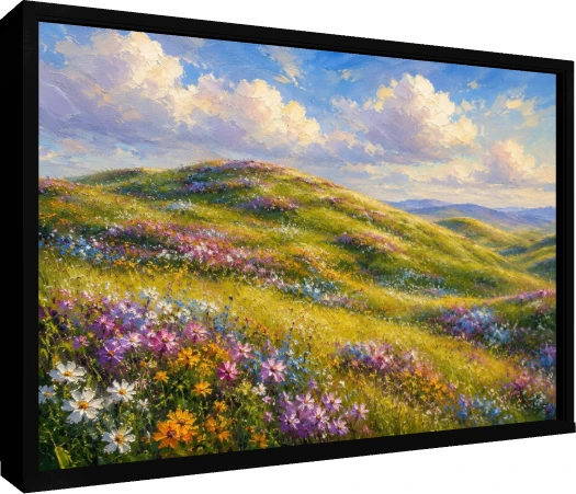 Impasto oil style painting of sun-drenched green rolling hills blanketed in colorful wildflowers under a blue sky. — floater frame preview | PrintPosters.in