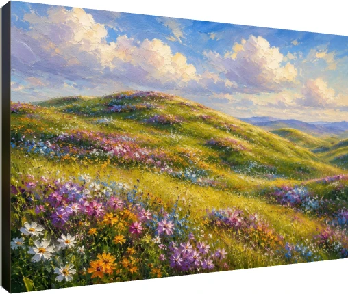 Impasto oil style painting of sun-drenched green rolling hills blanketed in colorful wildflowers under a blue sky. | PrintPosters.in