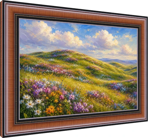 Impasto oil style painting of sun-drenched green rolling hills blanketed in colorful wildflowers under a blue sky. — photo frame preview | PrintPosters.in