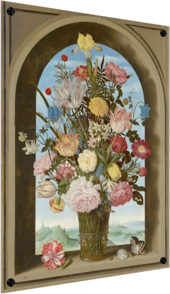 A detailed 17th-century Dutch still life painting of colorful flowers in a decorated vase inside a stone window niche. — acrylic preview | PrintPosters.in