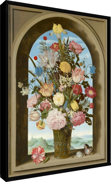 A detailed 17th-century Dutch still life painting of colorful flowers in a decorated vase inside a stone window niche. — floater frame preview | PrintPosters.in