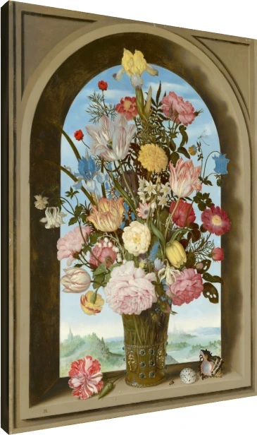A detailed 17th-century Dutch still life painting of colorful flowers in a decorated vase inside a stone window niche. | PrintPosters.in