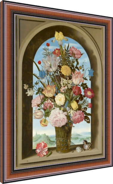 A detailed 17th-century Dutch still life painting of colorful flowers in a decorated vase inside a stone window niche. — photo frame preview | PrintPosters.in