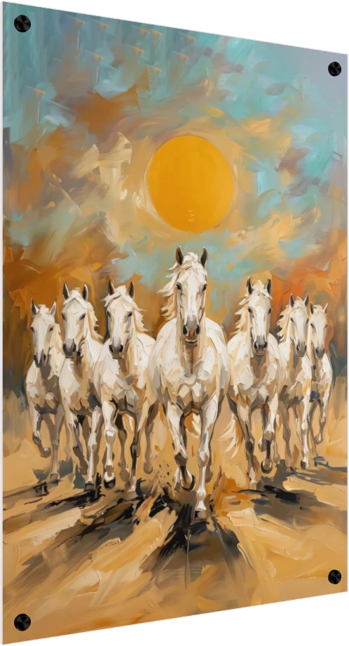 Abstract painting of seven white horses galloping forward under a large golden sun in a portrait orientation. — acrylic preview | PrintPosters.in
