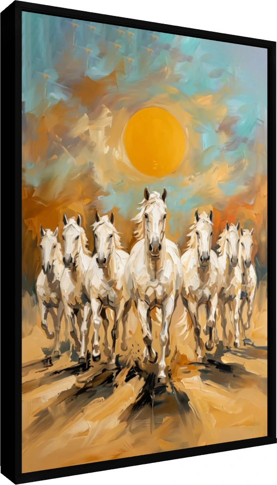 Abstract painting of seven white horses galloping forward under a large golden sun in a portrait orientation. — floater frame preview | PrintPosters.in