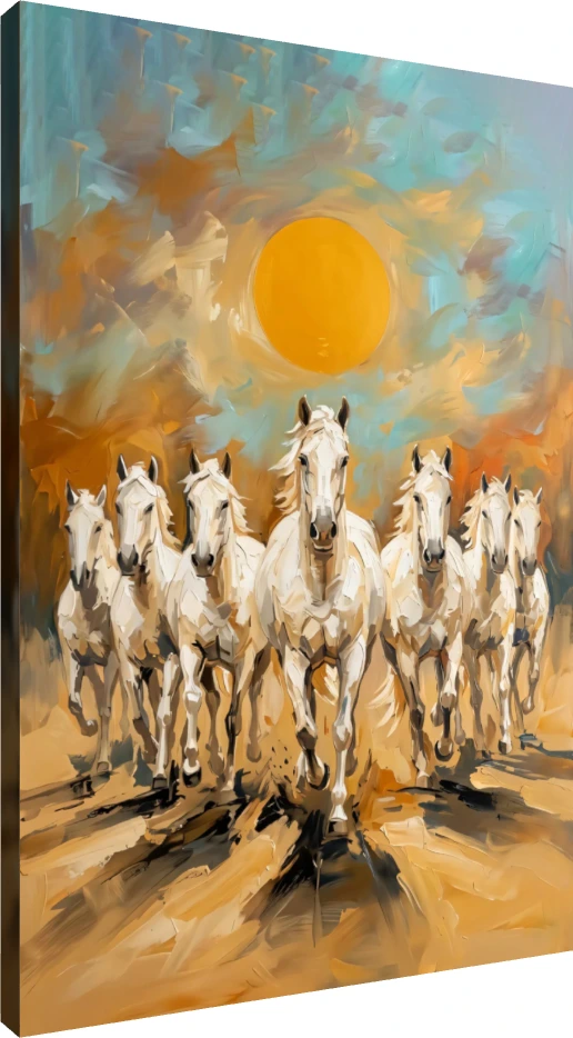 Abstract painting of seven white horses galloping forward under a large golden sun in a portrait orientation. | PrintPosters.in