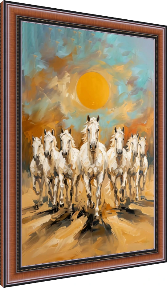 Abstract painting of seven white horses galloping forward under a large golden sun in a portrait orientation. — photo frame preview | PrintPosters.in