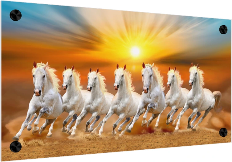 Seven powerful white horses galloping forward against a bright golden sunrise and orange sky. — acrylic preview | PrintPosters.in