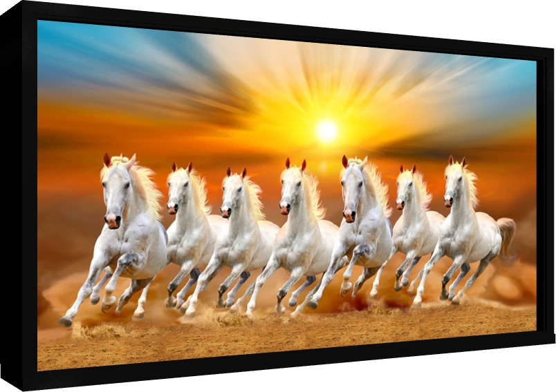 Seven powerful white horses galloping forward against a bright golden sunrise and orange sky. — floater frame preview | PrintPosters.in