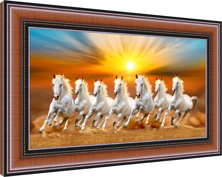Seven powerful white horses galloping forward against a bright golden sunrise and orange sky. — photo frame preview | PrintPosters.in