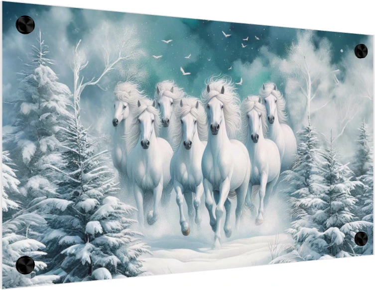 Seven majestic white horses galloping forward through a snow-covered pine forest under a teal winter sky. — acrylic preview | PrintPosters.in