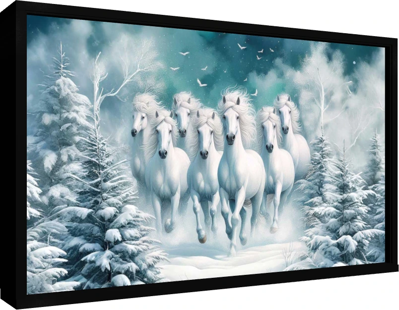 Seven majestic white horses galloping forward through a snow-covered pine forest under a teal winter sky. — floater frame preview | PrintPosters.in