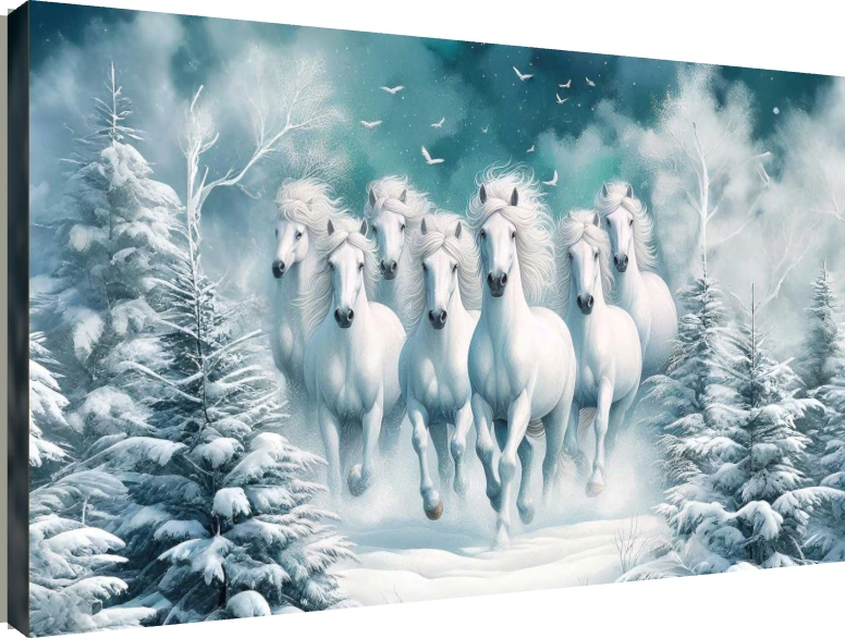 Seven majestic white horses galloping forward through a snow-covered pine forest under a teal winter sky. | PrintPosters.in