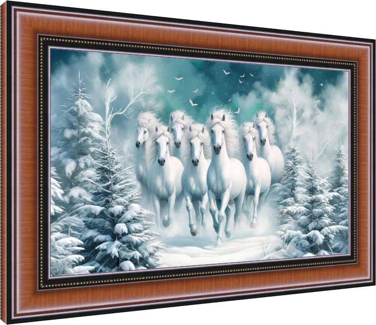 Seven majestic white horses galloping forward through a snow-covered pine forest under a teal winter sky. — photo frame preview | PrintPosters.in
