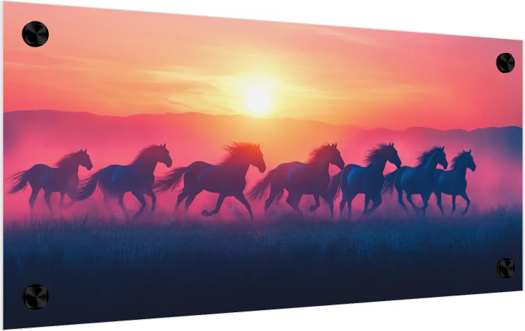 Silhouette of seven majestic horses running across a grassy field under a vibrant pink and orange sunset. — acrylic preview | PrintPosters.in