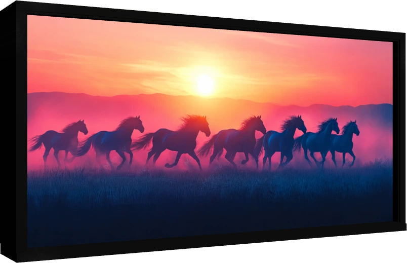 Silhouette of seven majestic horses running across a grassy field under a vibrant pink and orange sunset. — floater frame preview | PrintPosters.in