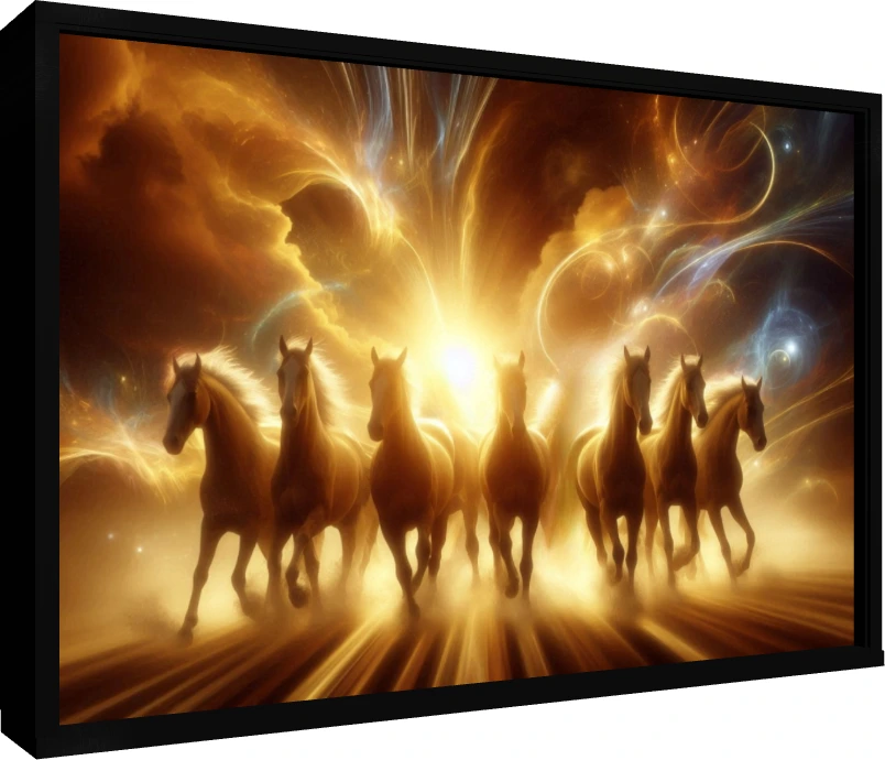 Seven golden horses running forward amidst a glowing cosmic background with bright solar flares. — floater frame preview | PrintPosters.in