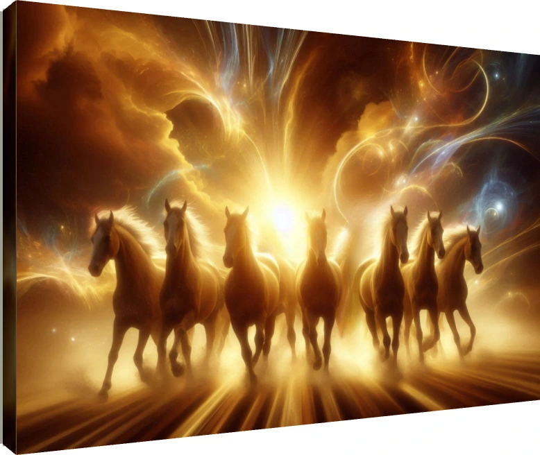 Seven golden horses running forward amidst a glowing cosmic background with bright solar flares. | PrintPosters.in