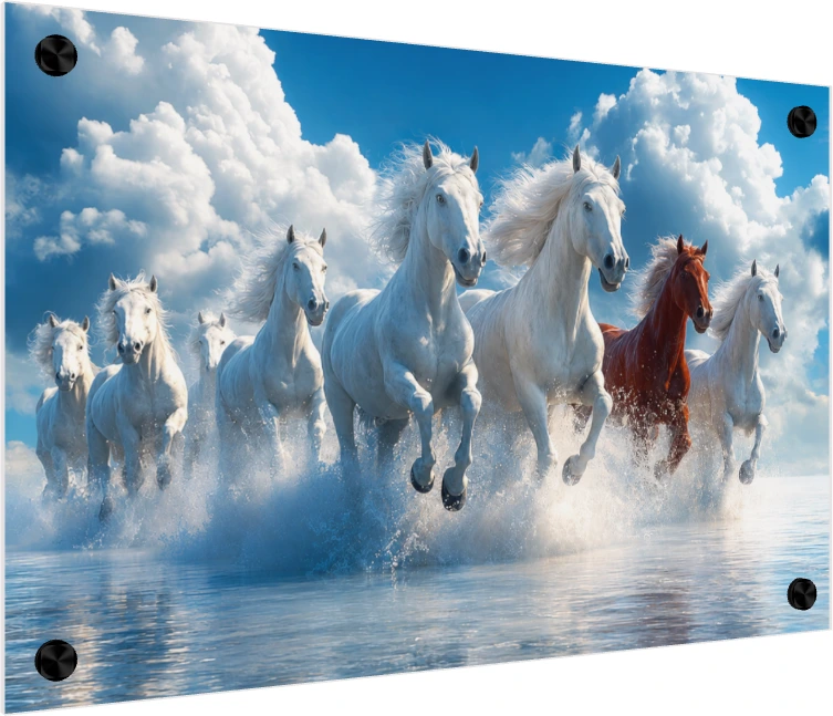 Seven majestic horses galloping through splashing water under a bright blue sky with fluffy white clouds. — acrylic preview | PrintPosters.in