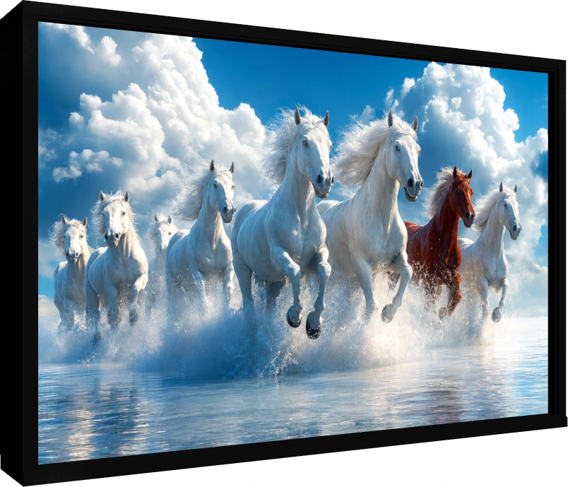Seven majestic horses galloping through splashing water under a bright blue sky with fluffy white clouds. — floater frame preview | PrintPosters.in