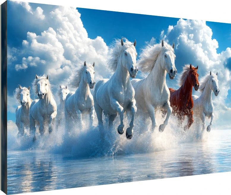 Seven majestic horses galloping through splashing water under a bright blue sky with fluffy white clouds. | PrintPosters.in
