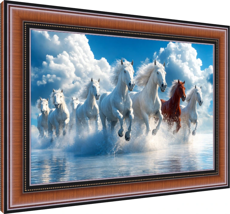 Seven majestic horses galloping through splashing water under a bright blue sky with fluffy white clouds. — photo frame preview | PrintPosters.in