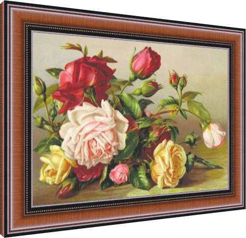 Vintage botanical illustration featuring a cluster of red, pink, and yellow roses with green leaves. — photo frame preview | PrintPosters.in