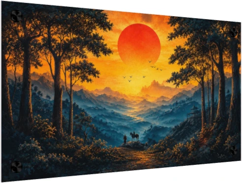 A giant glowing red sun sets behind misty blue mountains with silhouetted trees, a traveler, and a horse in the foreground. — acrylic preview | PrintPosters.in