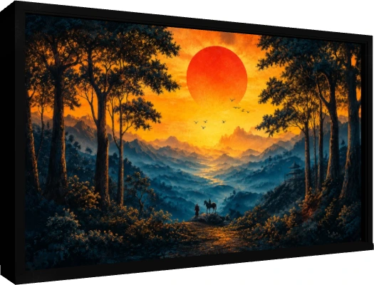 A giant glowing red sun sets behind misty blue mountains with silhouetted trees, a traveler, and a horse in the foreground. — floater frame preview | PrintPosters.in