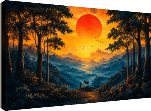 A giant glowing red sun sets behind misty blue mountains with silhouetted trees, a traveler, and a horse in the foreground. | PrintPosters.in