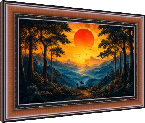 A giant glowing red sun sets behind misty blue mountains with silhouetted trees, a traveler, and a horse in the foreground. — photo frame preview | PrintPosters.in