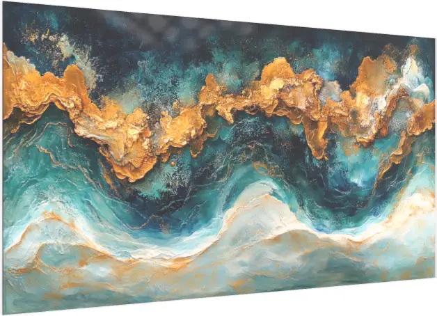 Blue Gold & White Waves Abstract Print — acrylic preview | PrintPosters.in