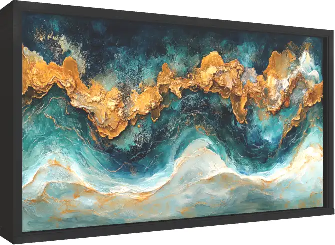 Blue Gold & White Waves Abstract Print — floater frame preview | PrintPosters.in