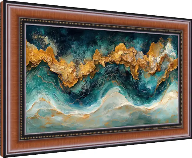 Blue Gold & White Waves Abstract Print — photo frame preview | PrintPosters.in