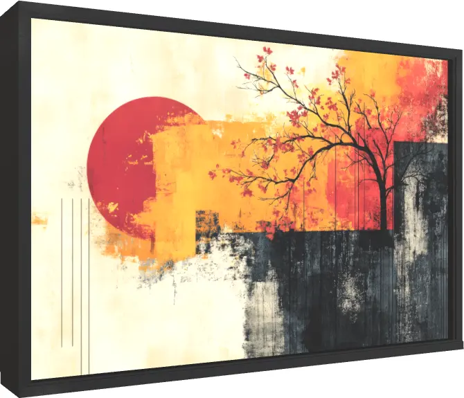 Red Sun & Tree Geometric Abstract — floater frame preview | PrintPosters.in