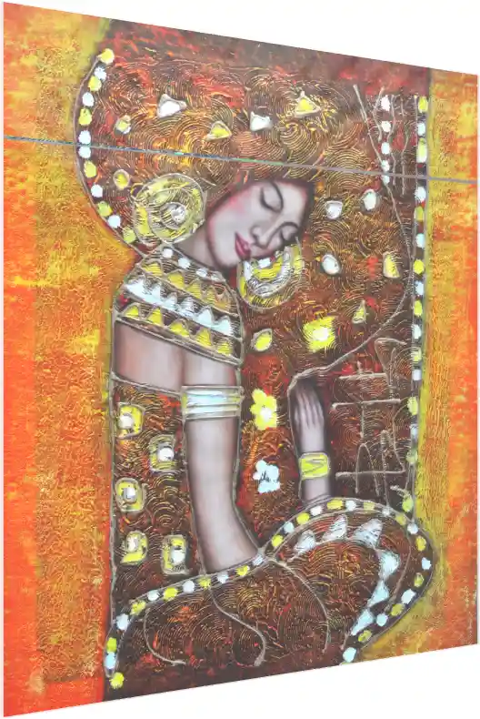 A highly textured Klimt-style abstract painting of a serene woman with closed eyes, surrounded by swirling gold and orange patterns. — acrylic preview | PrintPosters.in
