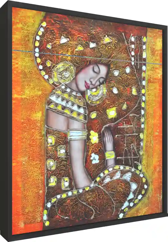 A highly textured Klimt-style abstract painting of a serene woman with closed eyes, surrounded by swirling gold and orange patterns. — floater frame preview | PrintPosters.in