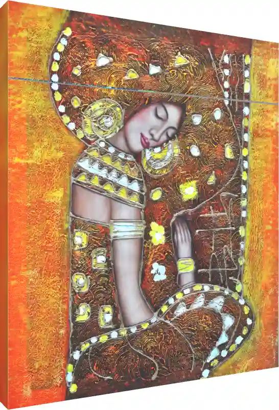 A highly textured Klimt-style abstract painting of a serene woman with closed eyes, surrounded by swirling gold and orange patterns. | PrintPosters.in
