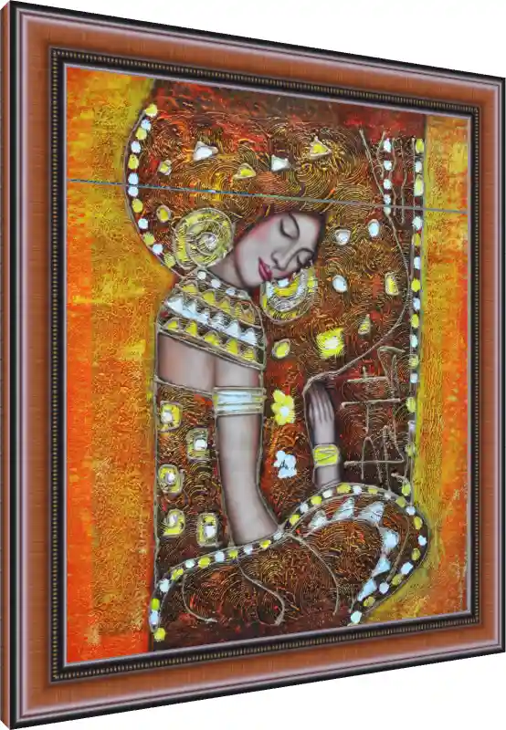 A highly textured Klimt-style abstract painting of a serene woman with closed eyes, surrounded by swirling gold and orange patterns. — photo frame preview | PrintPosters.in