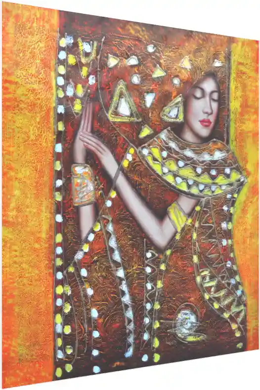 Textured abstract painting of a serene woman with closed eyes, adorned in golden patterned garments against an orange background. — acrylic preview | PrintPosters.in
