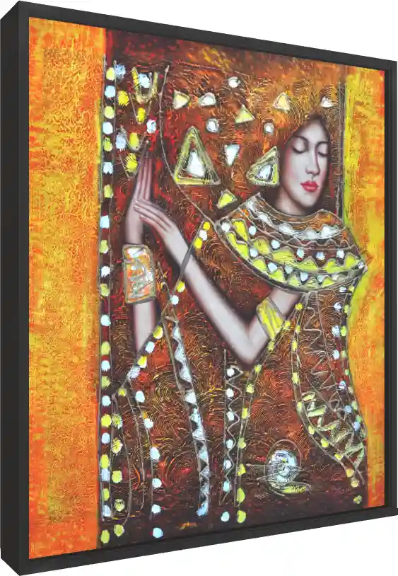 Textured abstract painting of a serene woman with closed eyes, adorned in golden patterned garments against an orange background. — floater frame preview | PrintPosters.in