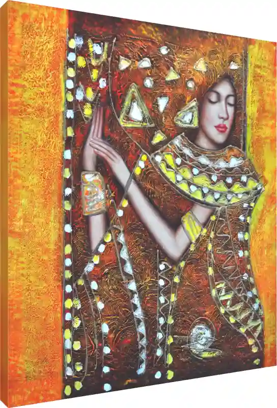 Textured abstract painting of a serene woman with closed eyes, adorned in golden patterned garments against an orange background. | PrintPosters.in